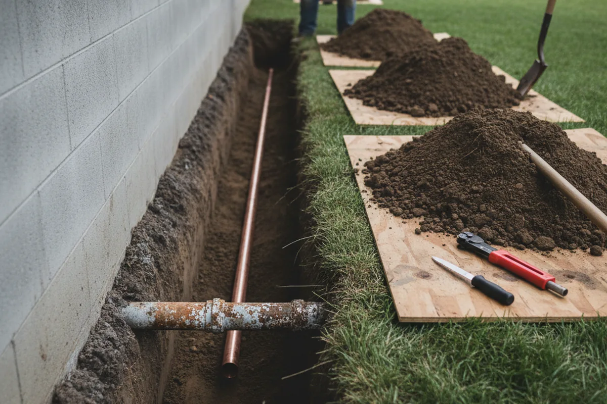 Excavated water line trench during Water Softener Installation in Quincy